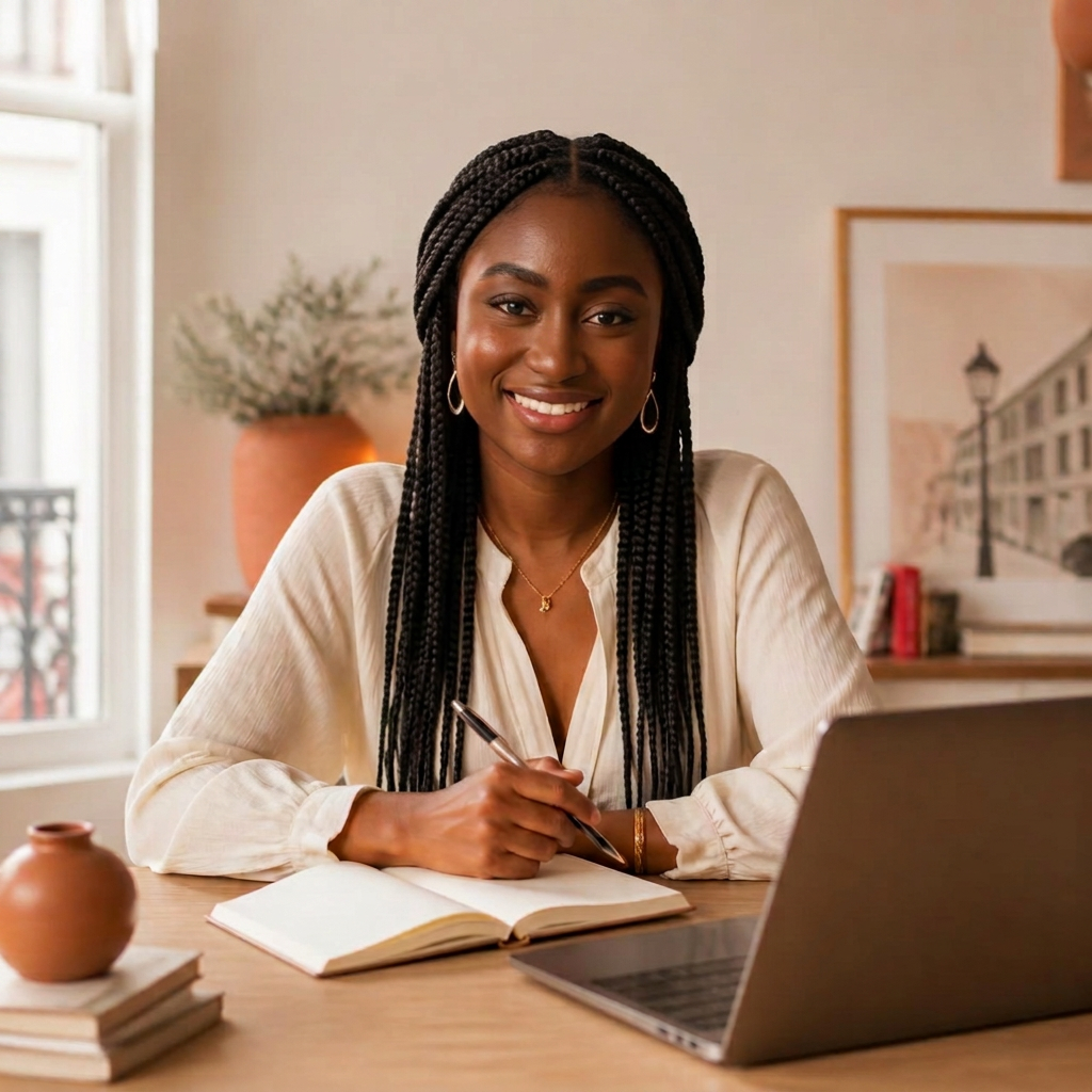 Elle, TCF preparation instructor, at her desk ready for a tutoring session